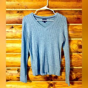 Tommy Hilfiger V-Neck Cable Knit Grey Preppy Sweater Medium
